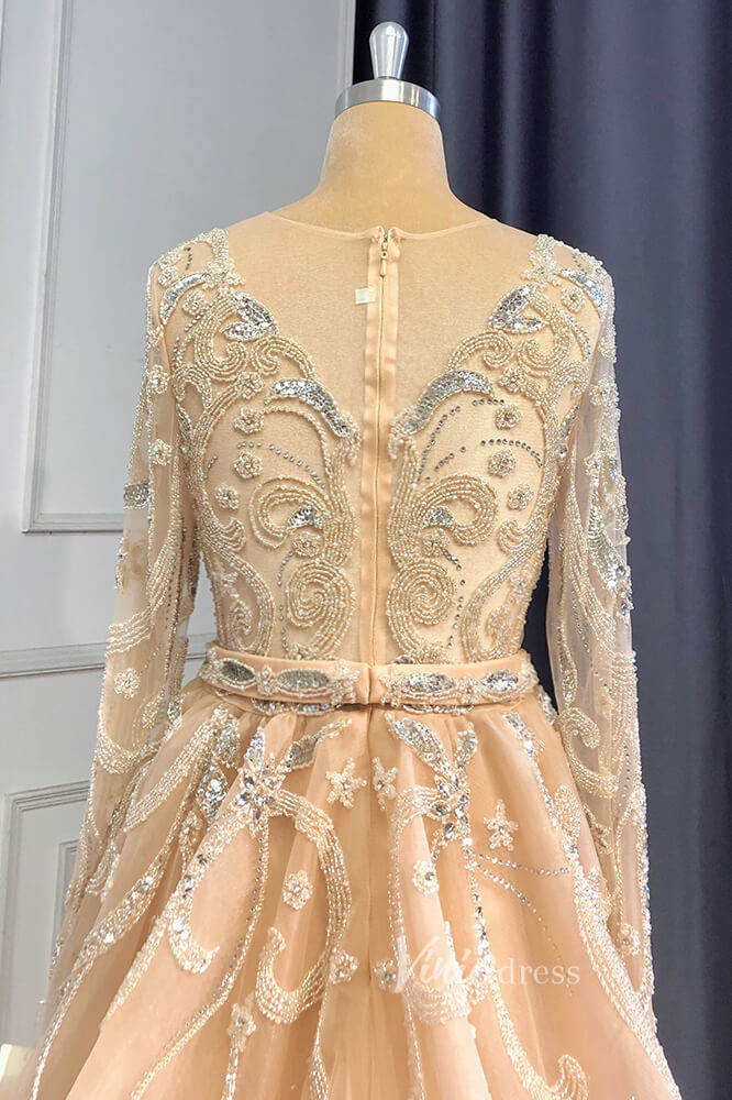 Prom Dress 2025 Champagne Beaded Pageant Dresses Long Sleeve Prom Dress FD3027-unique prom dresses-Champagne-US 2-Viniodress