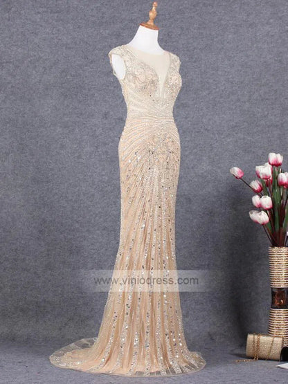 Champagne Beaded Prom Dresses Pageant Gown FD1433-Evening Dresses 2025 -Viniodress-Champagne-Custom Size-