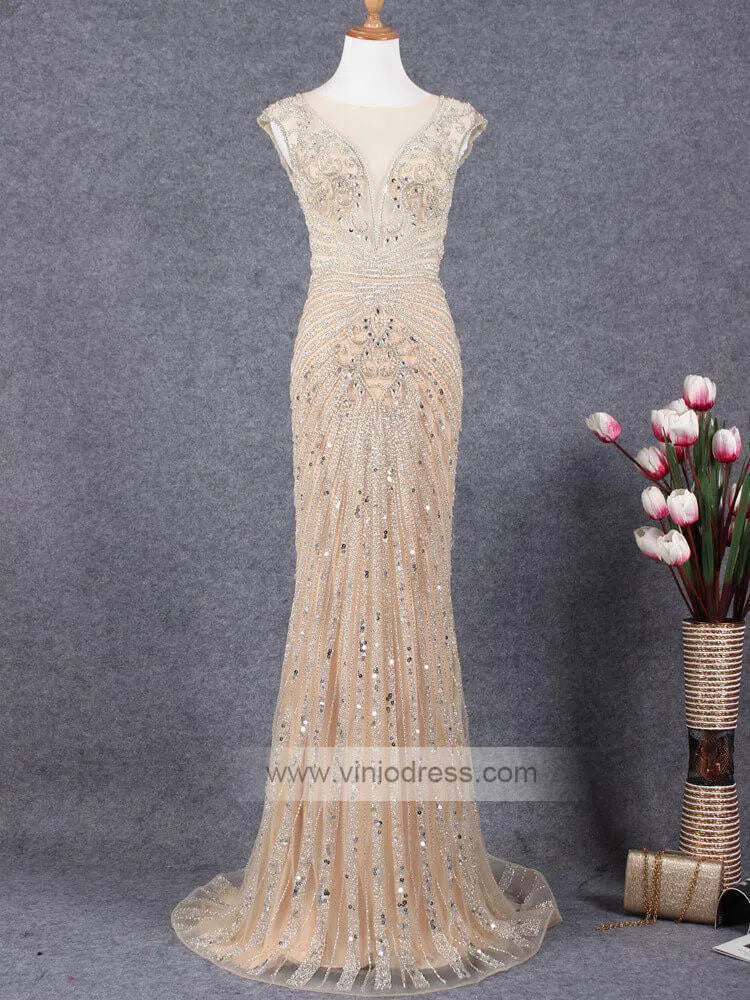 Champagne Beaded Prom Dresses Pageant Gown FD1433-Evening Dresses 2025 -Viniodress-Champagne-Custom Size-