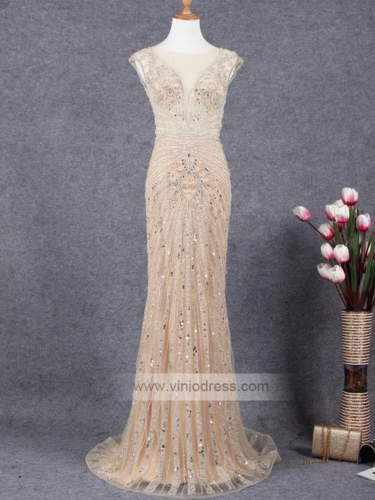 Prom Dress 2025 Champagne Beaded Prom Dresses Pageant Gown FD1433-unique prom dresses-Champagne-Custom Size-Viniodress