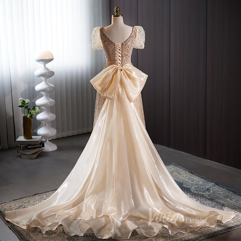Champagne Beaded Prom Dresses Puffed Sleeve Bow-Tie Formal Dress AD1110-prom dresses 2025 -Viniodress-Champagne-Custom Size-
