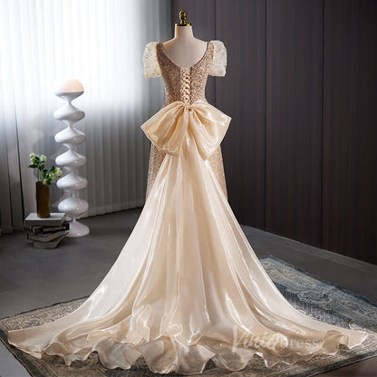 Champagne Beaded Prom Dresses Puffed Sleeve Bow-Tie Formal Dress AD1110-prom dresses 2025 -Viniodress-Champagne-Custom Size-