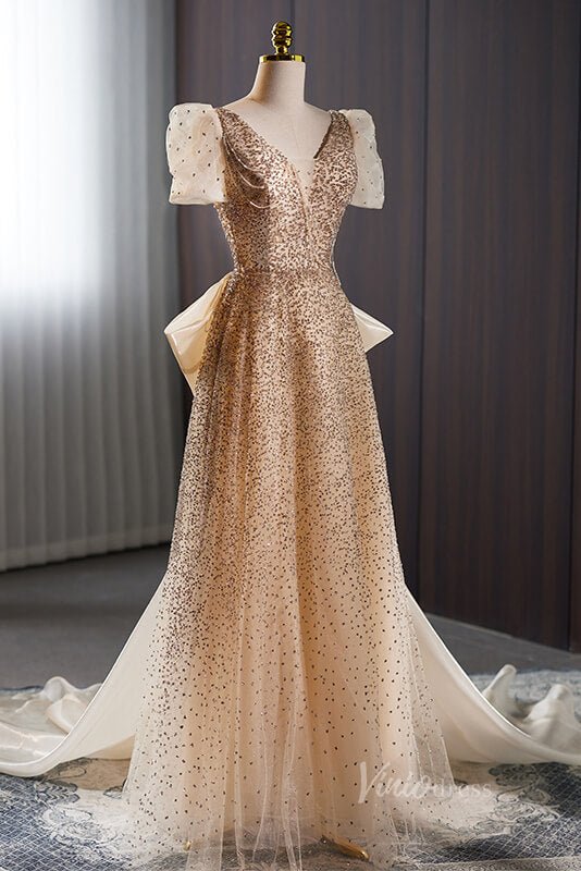 Champagne Beaded Prom Dresses Puffed Sleeve Bow-Tie Formal Dress AD1110-prom dresses 2025 -Viniodress-Champagne-Custom Size-