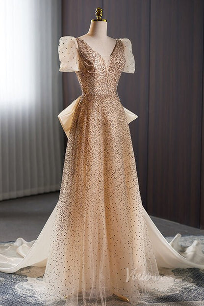 Champagne Beaded Prom Dresses Puffed Sleeve Bow-Tie Formal Dress AD1110-prom dresses 2025 -Viniodress-Champagne-Custom Size-
