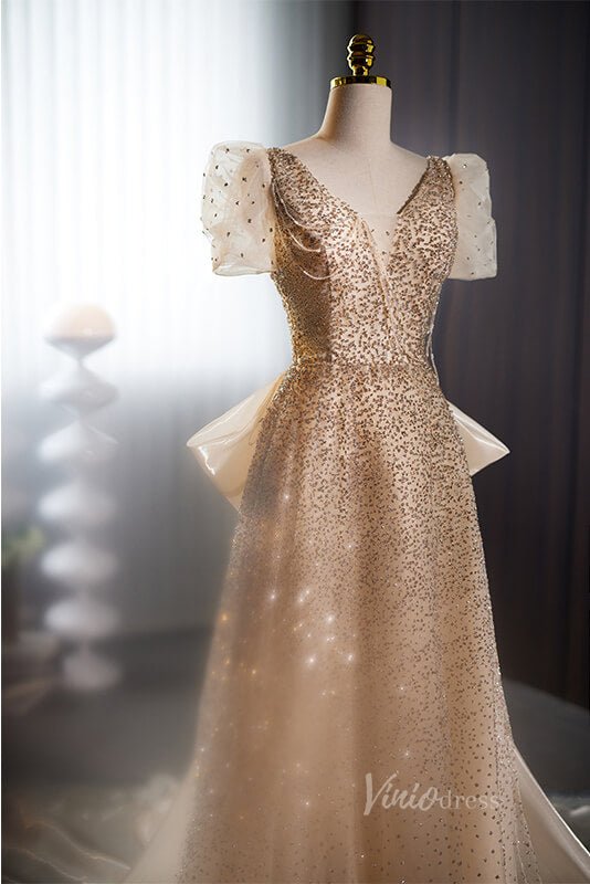 Champagne Beaded Prom Dresses Puffed Sleeve Bow-Tie Formal Dress AD1110-prom dresses 2025 -Viniodress-Champagne-Custom Size-