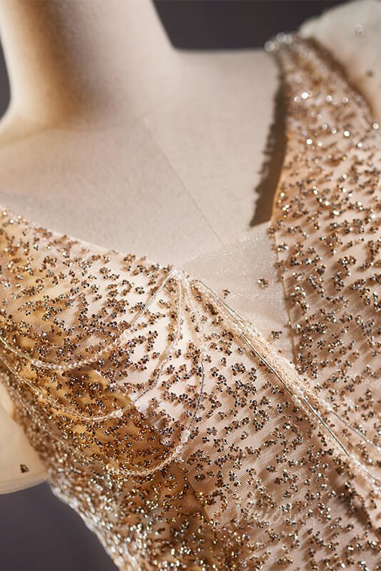 Champagne Beaded Prom Dresses Puffed Sleeve Bow-Tie Formal Dress AD1110-prom dresses 2025 -Viniodress-Champagne-Custom Size-