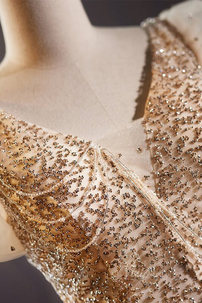 Champagne Beaded Prom Dresses Puffed Sleeve Bow-Tie Formal Dress AD1110-prom dresses 2025 -Viniodress-Champagne-Custom Size-