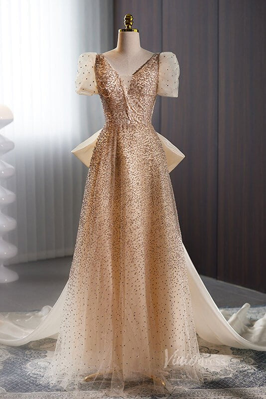 Champagne Beaded Prom Dresses Puffed Sleeve Bow - Tie Formal Dress AD1110 - Viniodressprom dressesChampagneCustom Size - Formal Dresses - Ball Gowns