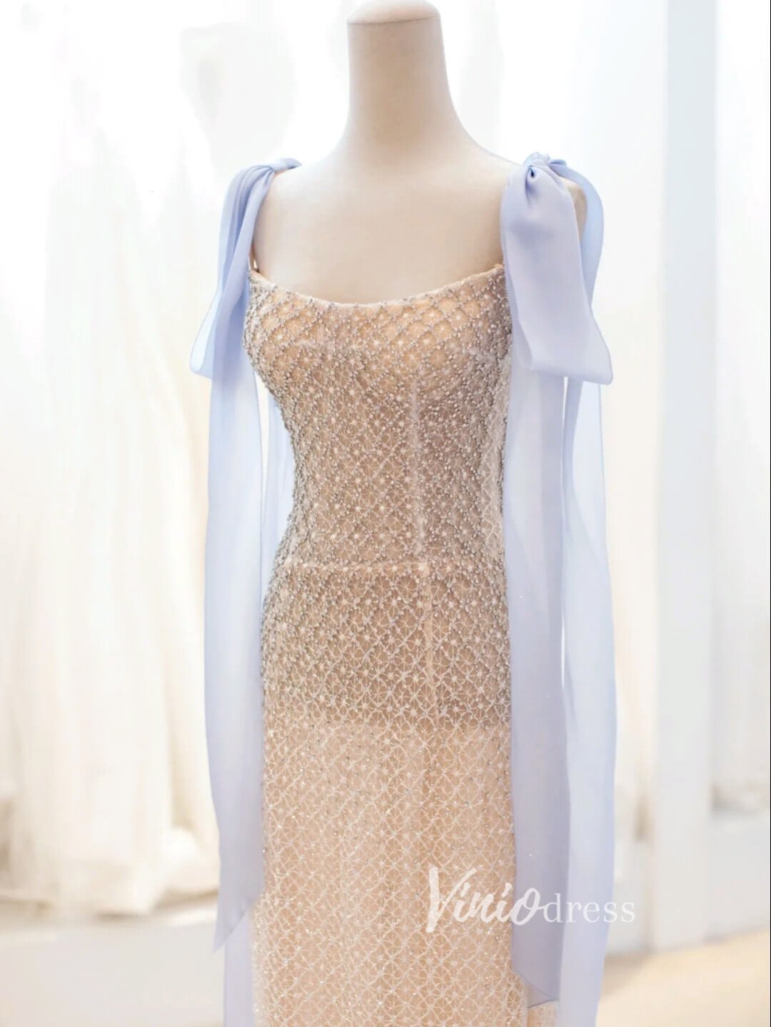 Champagne Beaded Prom Dresses Tea-Length Spaghetti Strap Evening Dress FD3438-prom dresses 2025 -Viniodress-Champagne-Custom Size-