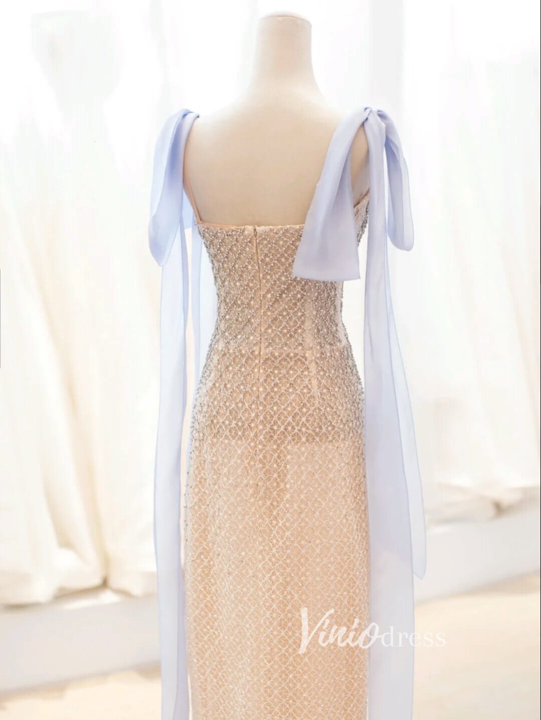 Champagne Beaded Prom Dresses Tea-Length Spaghetti Strap Evening Dress FD3438-prom dresses 2025 -Viniodress-Champagne-Custom Size-