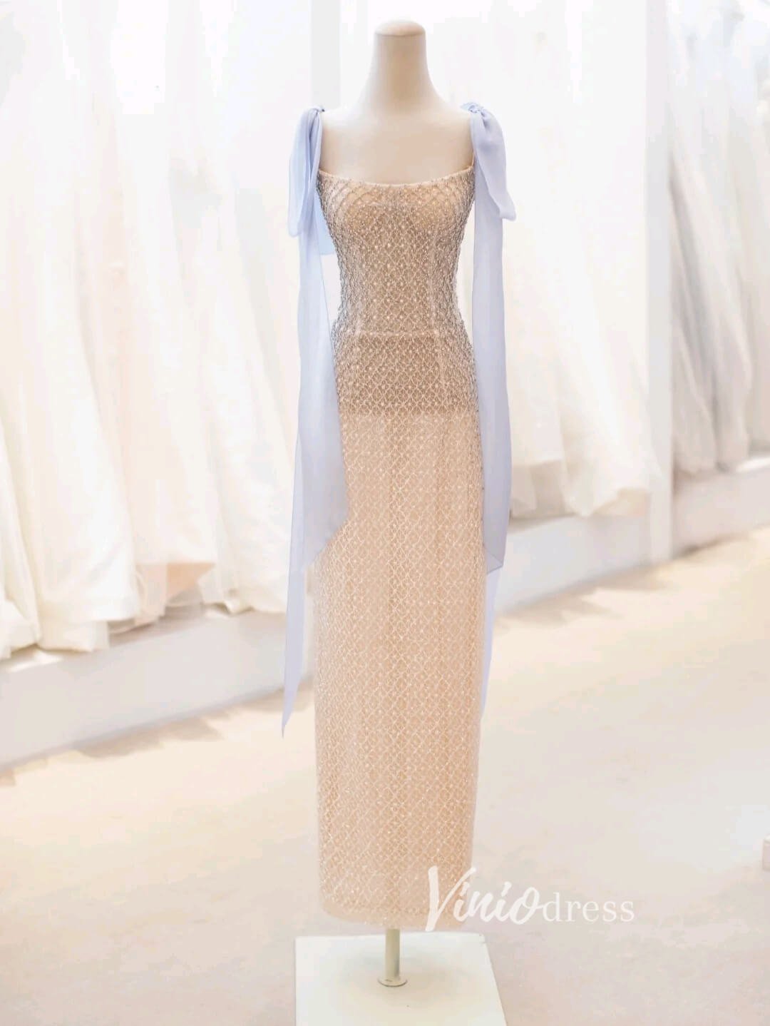 Champagne Beaded Prom Dresses Tea-Length Spaghetti Strap Evening Dress FD3438-prom dresses 2025 -Viniodress-Champagne-Custom Size-