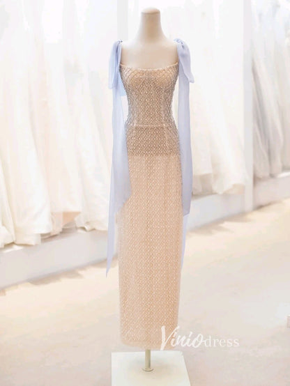 Champagne Beaded Prom Dresses Tea-Length Spaghetti Strap Evening Dress FD3438-prom dresses 2025 -Viniodress-Champagne-Custom Size-