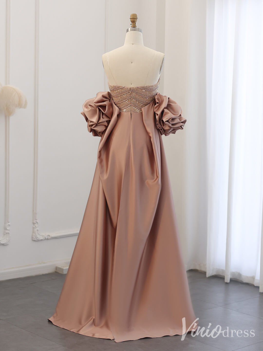 Champagne Beaded Puffed Sleeve Prom Dresses with Overskirt Vintage Evening Dress 20240-Evening Dresses 2025 -Viniodress-Champagne-US 2-