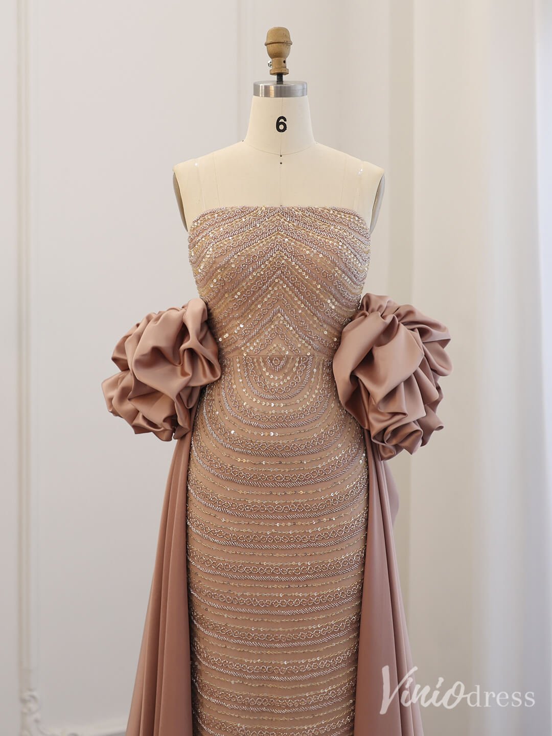 Champagne Beaded Puffed Sleeve Prom Dresses with Overskirt Vintage Evening Dress 20240-Evening Dresses 2025 -Viniodress-Champagne-US 2-