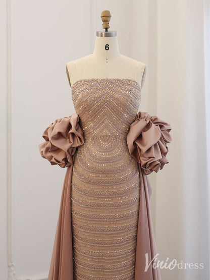 Champagne Beaded Puffed Sleeve Prom Dresses with Overskirt Vintage Evening Dress 20240-Evening Dresses 2025 -Viniodress-Champagne-US 2-