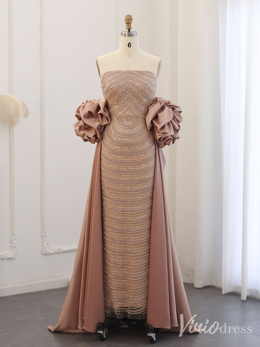 Champagne Beaded Puffed Sleeve Prom Dresses with Overskirt Vintage Evening Dress 20240 - ViniodressEvening DressesChampagneUS 2 - Formal Dresses - Ball Gowns