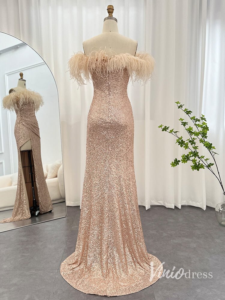 Champagne Beaded Sequin Mermaid Evening Dresses with Slit Strapless Prom Dress AD1163-Evening Dresses 2025 -Viniodress-Champagne-US 2-
