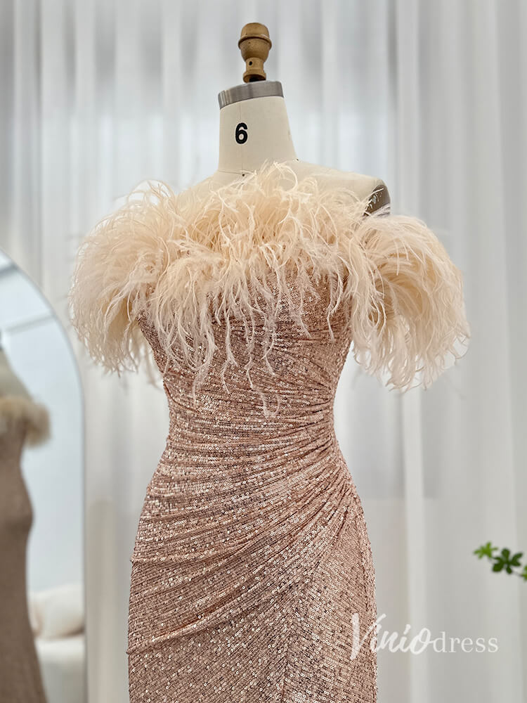 Champagne Beaded Sequin Mermaid Evening Dresses with Slit Strapless Prom Dress AD1163-Evening Dresses 2025 -Viniodress-Champagne-US 2-