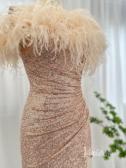 Champagne Beaded Sequin Mermaid Evening Dresses with Slit Strapless Prom Dress AD1163-Evening Dresses 2025 -Viniodress-Champagne-US 2-