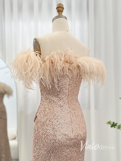 Champagne Beaded Sequin Mermaid Evening Dresses with Slit Strapless Prom Dress AD1163-Evening Dresses 2025 -Viniodress-Champagne-US 2-