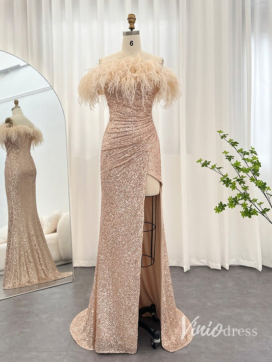 Champagne Beaded Sequin Mermaid Evening Dresses with Slit Strapless Prom Dress AD1163-Evening Dresses 2025 -Viniodress-Champagne-US 2-