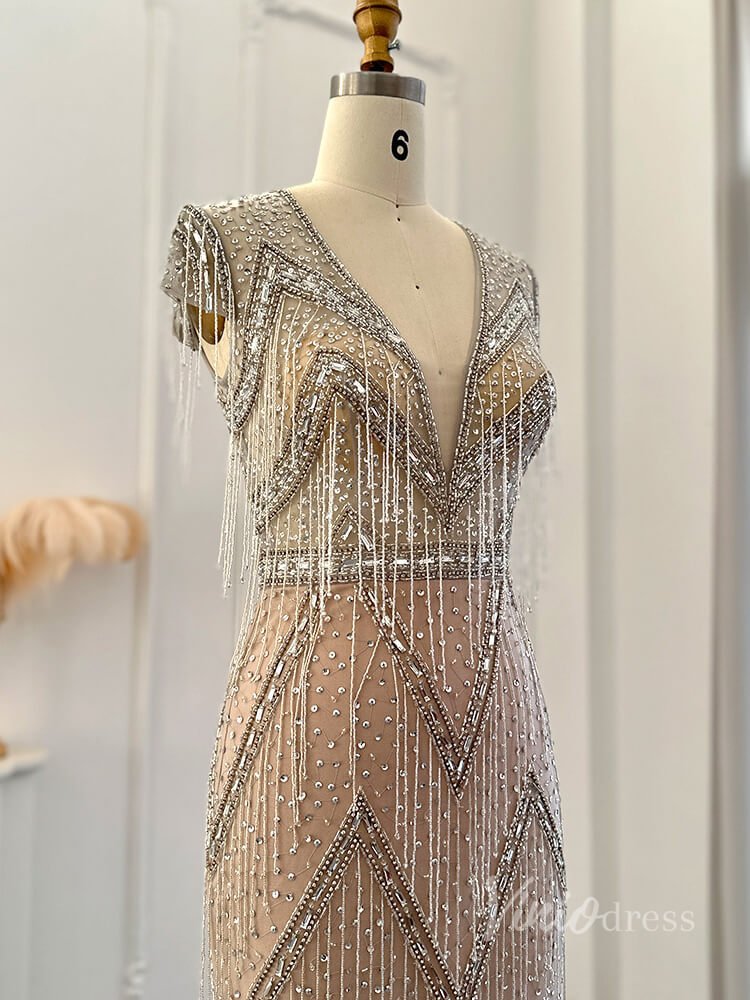 Champagne Beaded String Prom Dresses Sheath V-Neck Pageant Dress AD1192-Evening Dresses 2025 -Viniodress-Champagne-US 2-