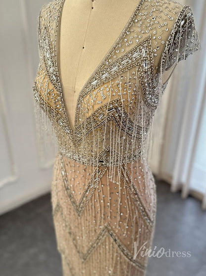 Champagne Beaded String Prom Dresses Sheath V-Neck Pageant Dress AD1192-Evening Dresses 2025 -Viniodress-Champagne-US 2-