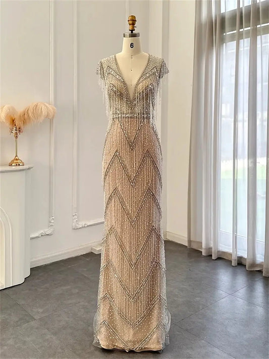 Champagne Beaded String Prom Dresses Sheath V-Neck Pageant Dress AD1192-Evening Dresses 2025 -Viniodress-Champagne-US 2-