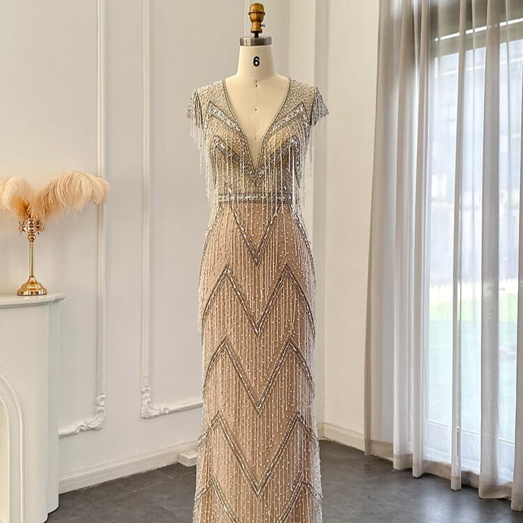Champagne Beaded String Prom Dresses Sheath V-Neck Pageant Dress AD1192-Evening Dresses 2025 -Viniodress-Champagne-US 2-