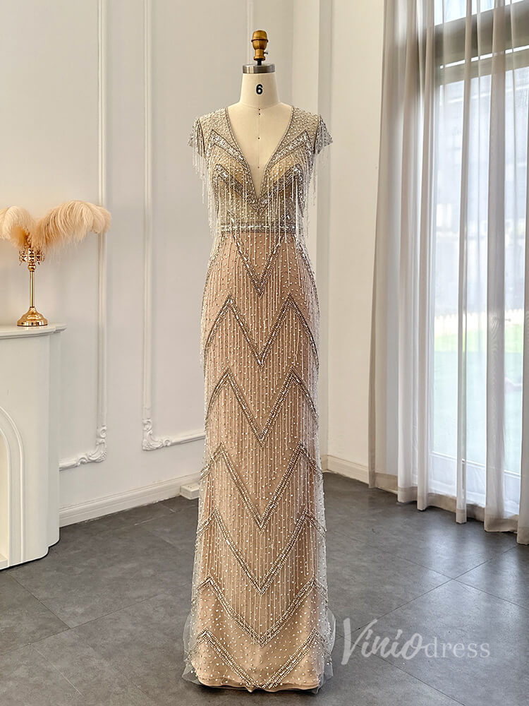 Champagne Beaded String Prom Dresses Sheath V-Neck Pageant Dress AD1192-prom dresses-Viniodress-Champagne-US 2-Viniodress