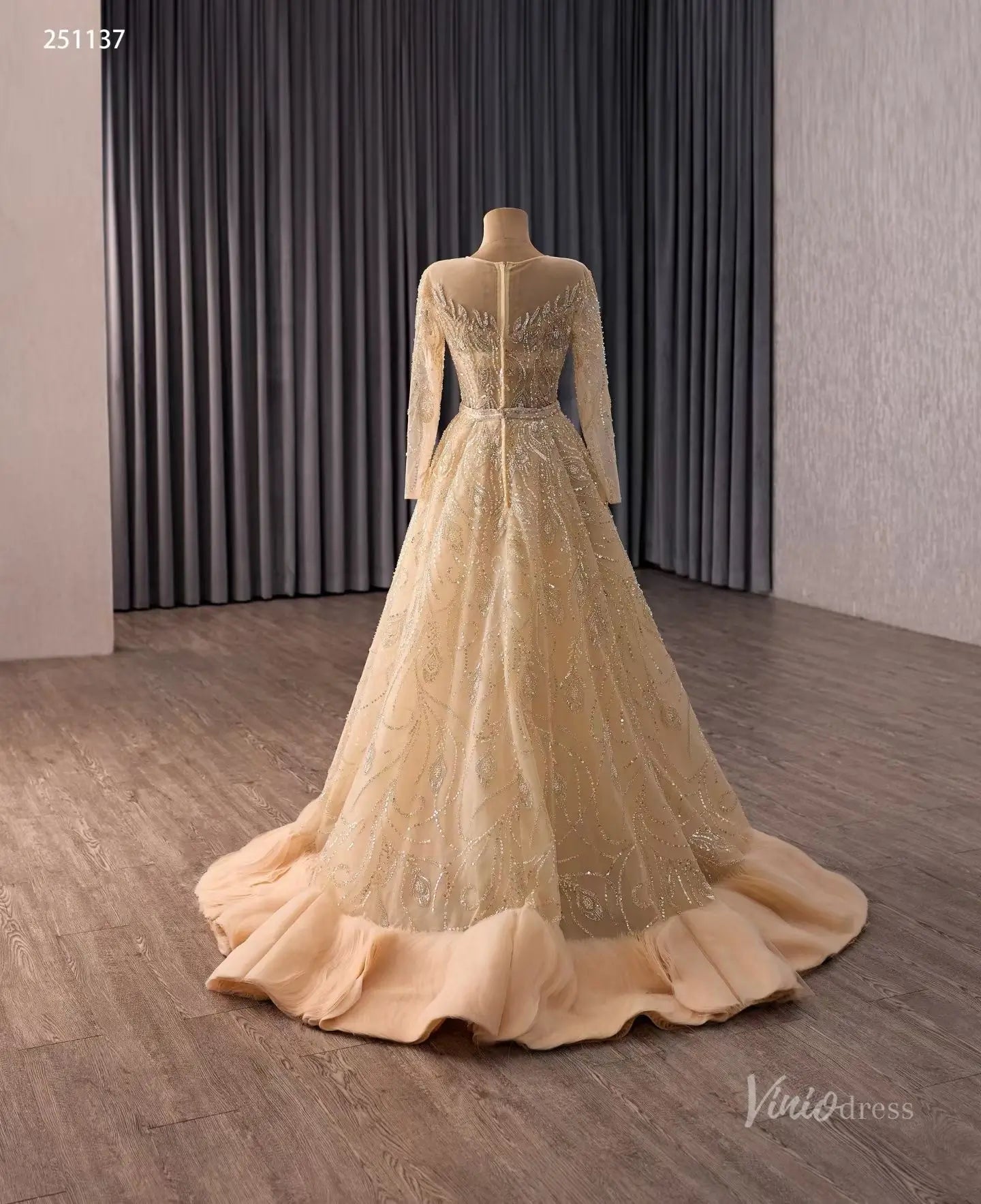 Champagne Beaded Wedding Dress with Illusion Neckline, Long Sleeves & Dramatic Overskirt – 251137-wedding dresses 2026-Viniodress-Champagne-Custom Size – Add Measurements in Cart-