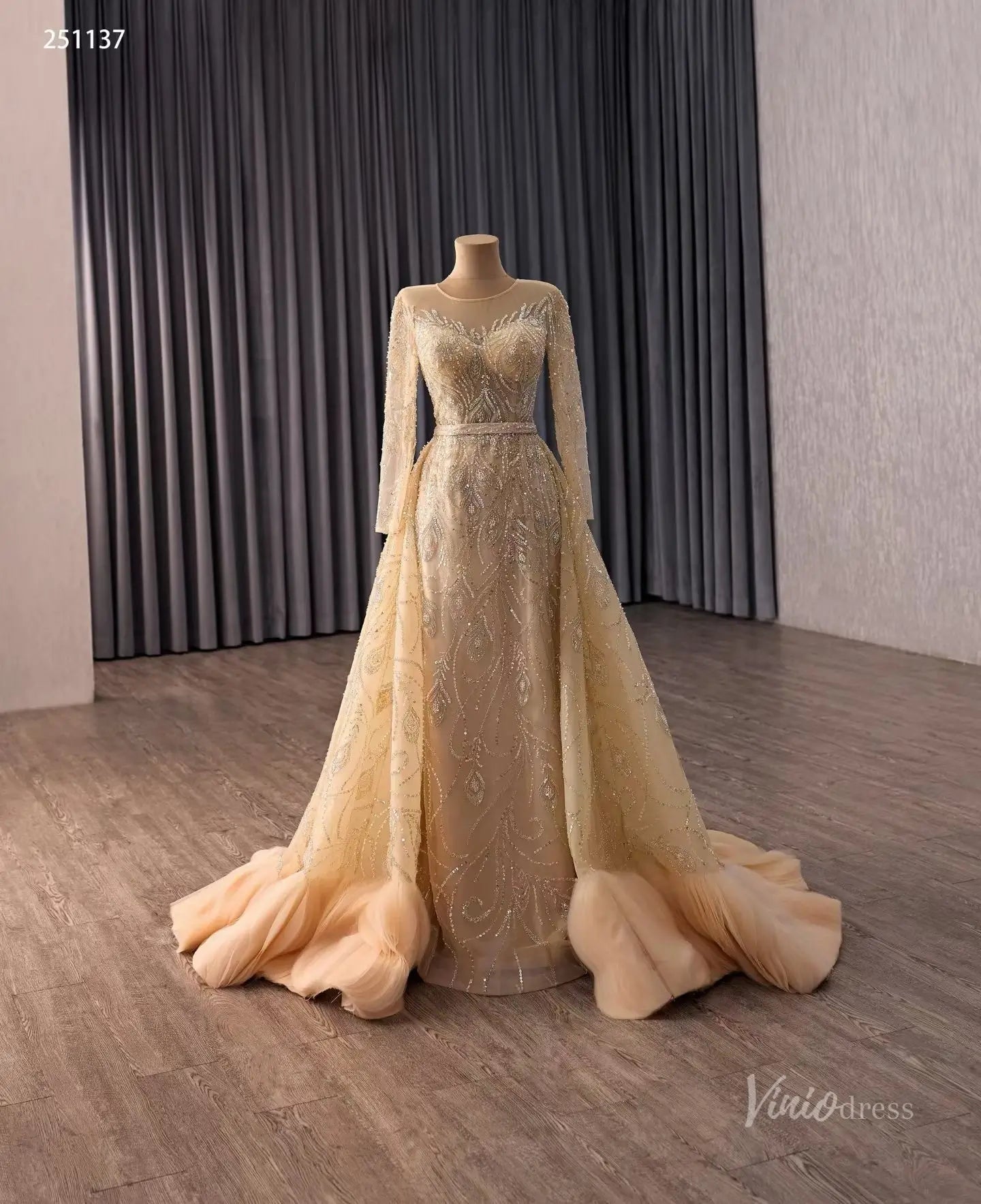 Champagne Beaded Wedding Dress with Illusion Neckline, Long Sleeves & Dramatic Overskirt – 251137-wedding dresses 2026-Viniodress-Champagne-Custom Size – Add Measurements in Cart-