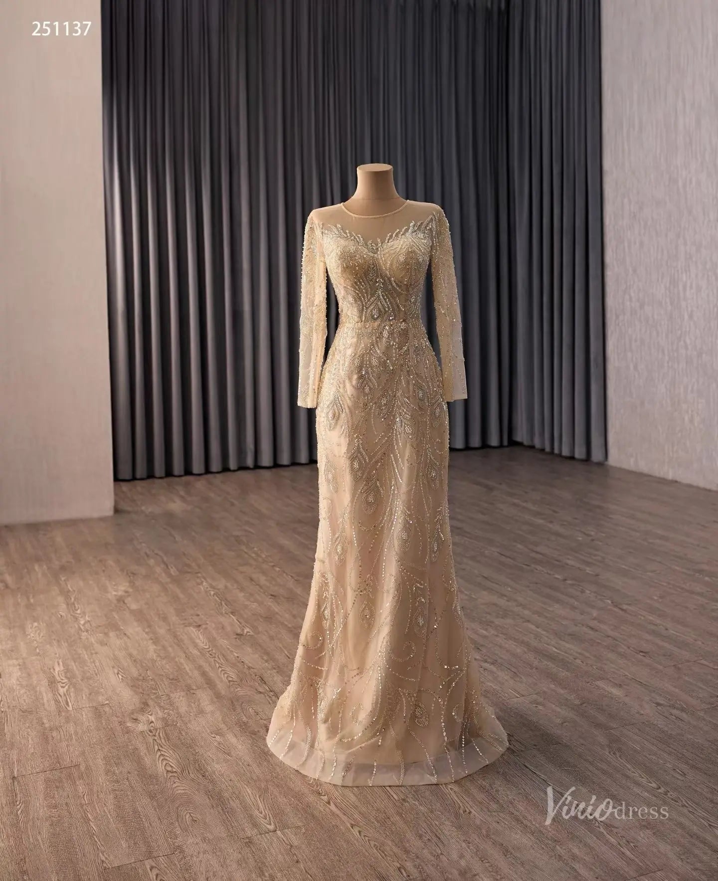 Champagne Beaded Wedding Dress with Illusion Neckline, Long Sleeves & Dramatic Overskirt – 251137-wedding dresses 2026-Viniodress-Champagne-Custom Size – Add Measurements in Cart-