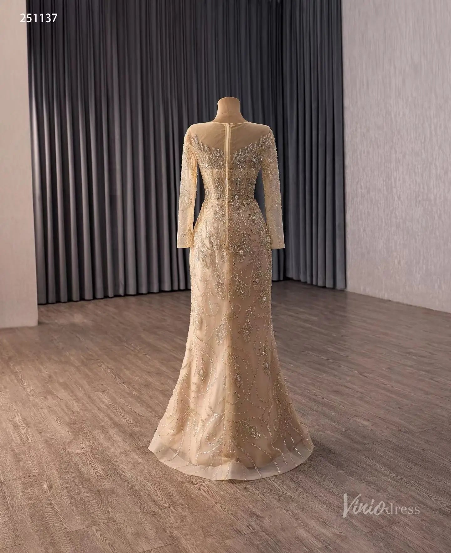 Champagne Beaded Wedding Dress with Illusion Neckline, Long Sleeves & Dramatic Overskirt – 251137-wedding dresses 2026-Viniodress-Champagne-Custom Size – Add Measurements in Cart-