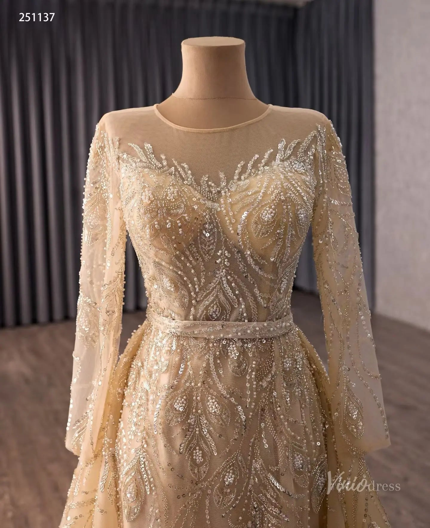 Champagne Beaded Wedding Dress with Illusion Neckline, Long Sleeves & Dramatic Overskirt – 251137-wedding dresses 2026-Viniodress-Champagne-Custom Size – Add Measurements in Cart-