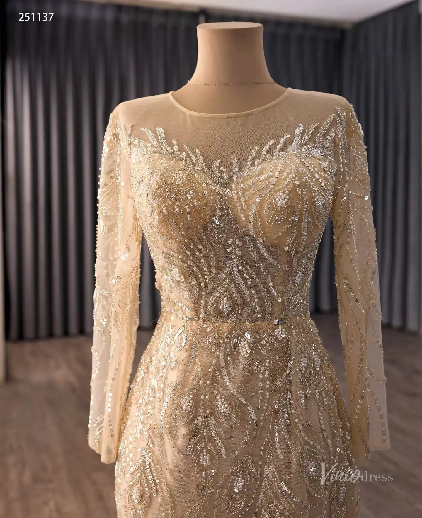 Champagne Beaded Wedding Dress with Illusion Neckline, Long Sleeves & Dramatic Overskirt – 251137-wedding dresses 2026-Viniodress-Champagne-Custom Size – Add Measurements in Cart-