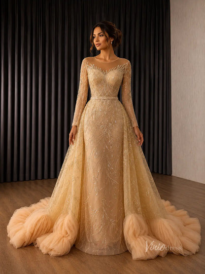 Champagne Beaded Wedding Dress with Illusion Neckline, Long Sleeves & Dramatic Overskirt – 251137-wedding dresses 2026-Viniodress-Champagne-Custom Size – Add Measurements in Cart-