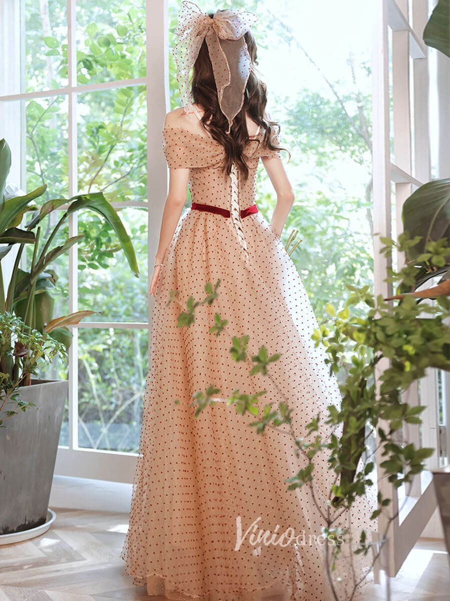 Champagne Dotted Tulle Prom Dresses Off the Shoulder Evening Dress FD3187-prom dresses 2025 -Viniodress-Champagne-Custom Size-
