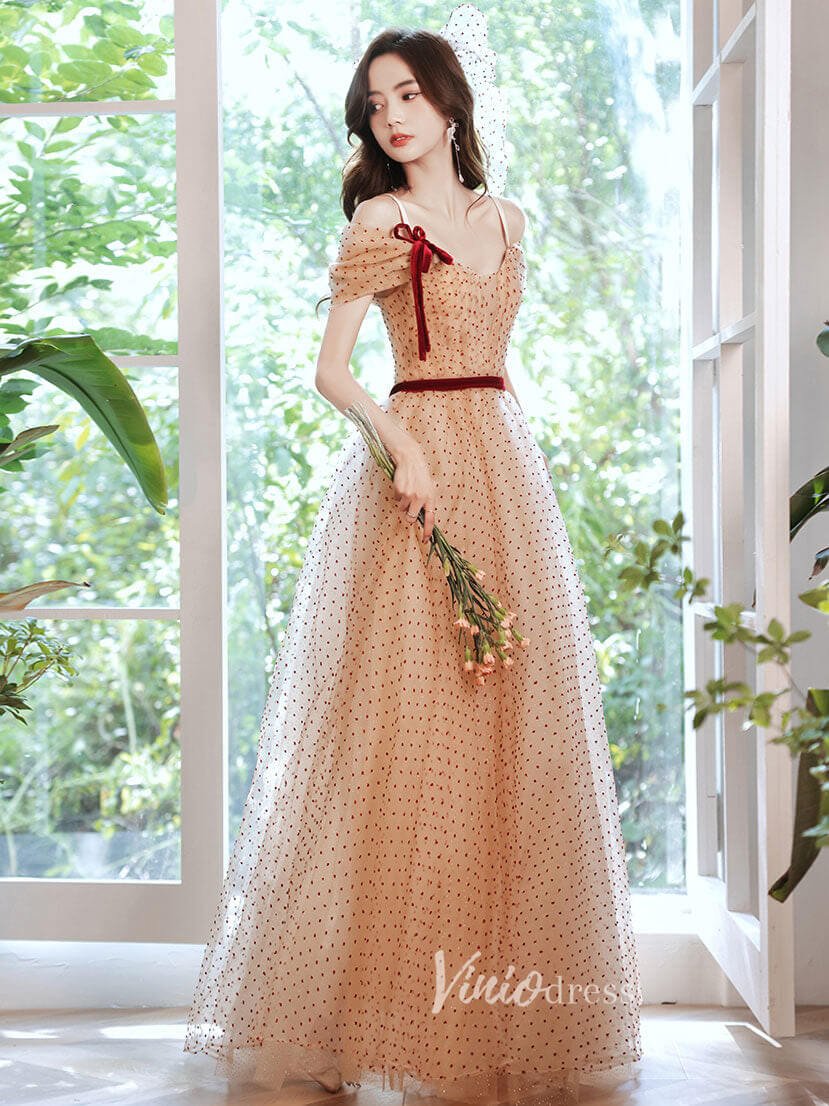 Champagne Dotted Tulle Prom Dresses Off the Shoulder Evening Dress FD3187-prom dresses 2025 -Viniodress-Champagne-Custom Size-