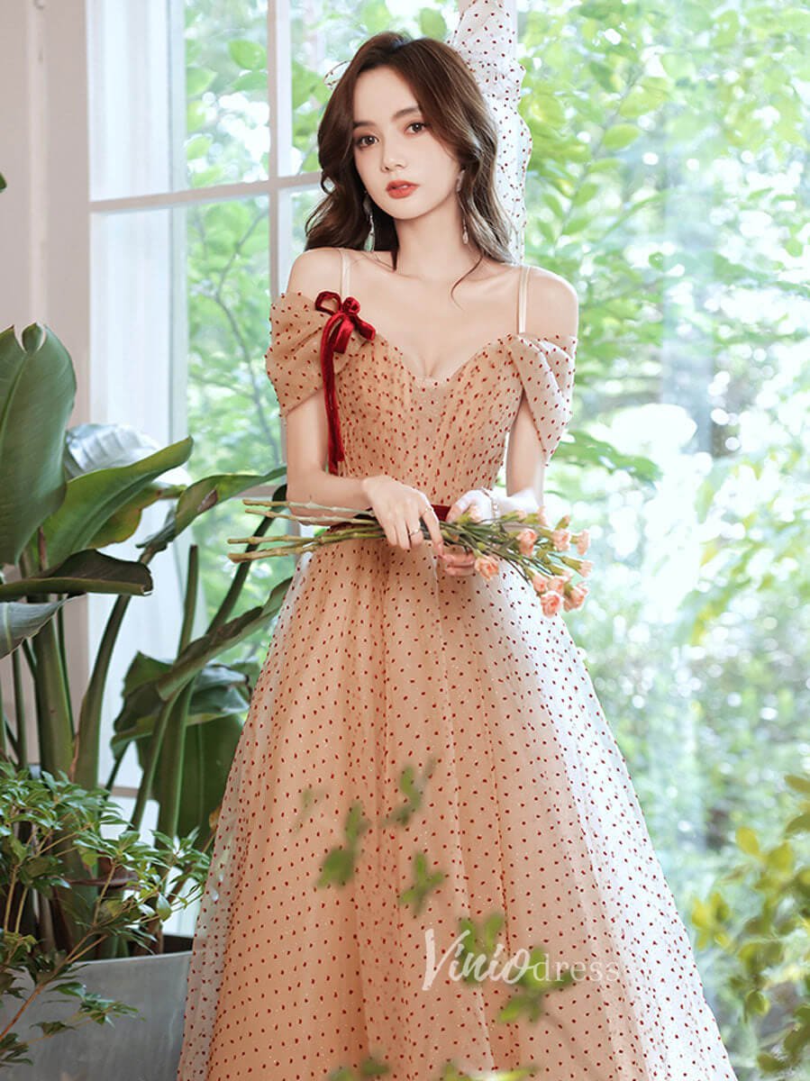 Champagne Dotted Tulle Prom Dresses Off the Shoulder Evening Dress FD3187-prom dresses 2025 -Viniodress-Champagne-Custom Size-