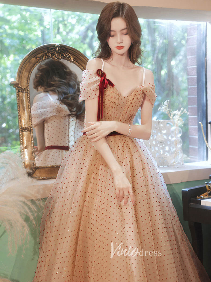Champagne Dotted Tulle Prom Dresses Off the Shoulder Evening Dress FD3187-prom dresses 2025 -Viniodress-Champagne-Custom Size-