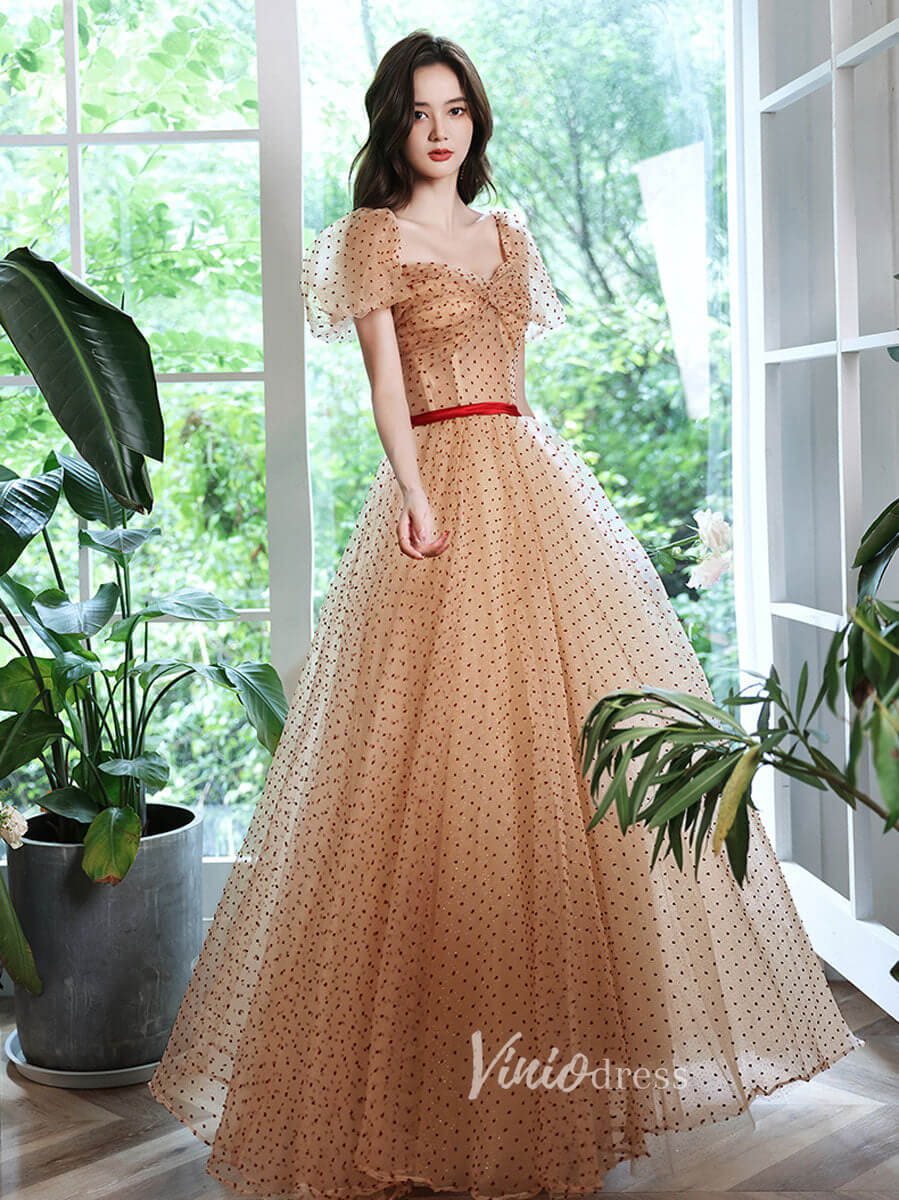 Prom Dress 2025 Champagne Dotted Tulle Prom Dresses Off the Shoulder Evening Dress FD3187B-unique prom dresses-Champagne-Custom Size-Viniodress