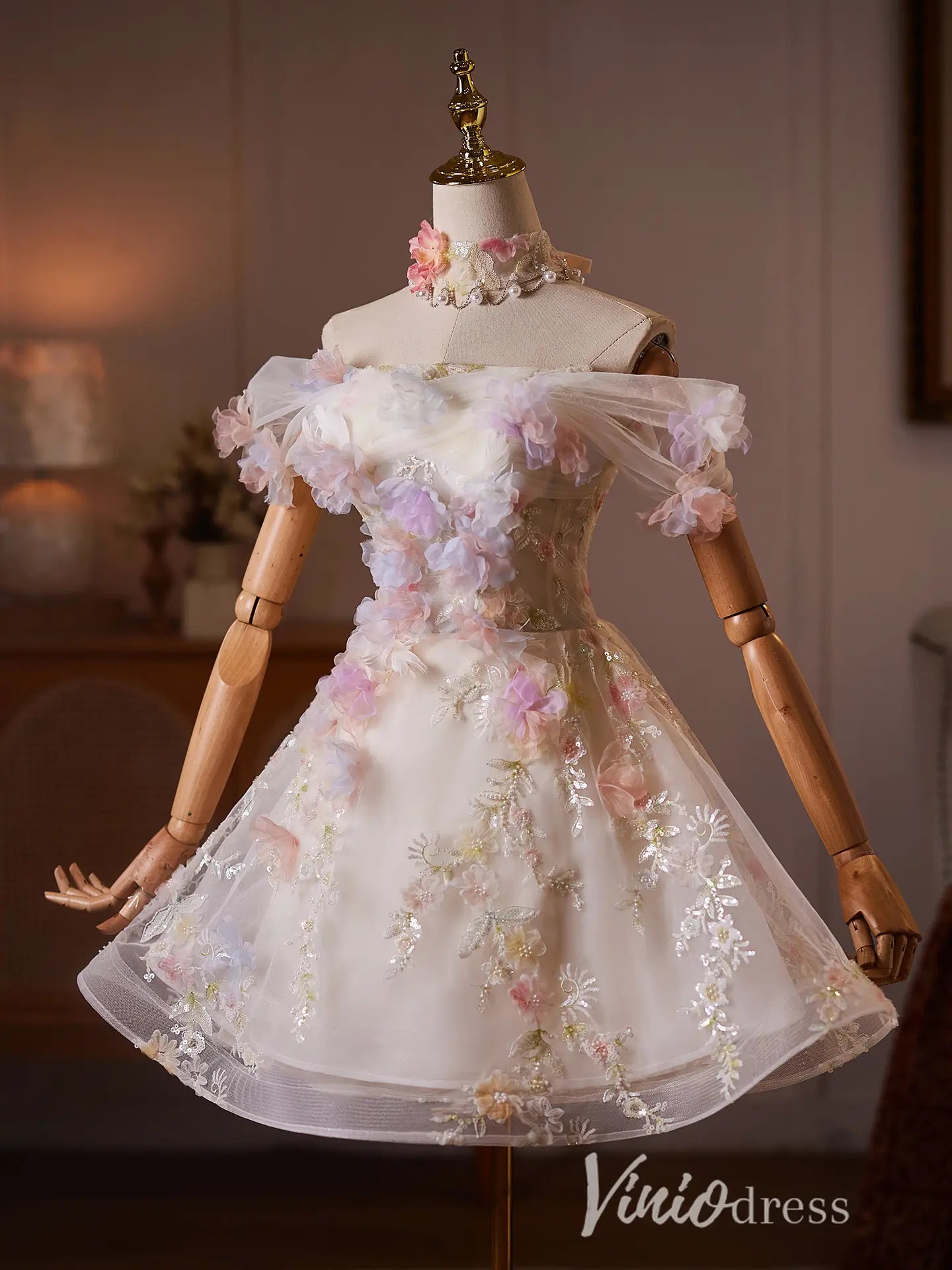 Ivory Floral Appliqué Off Shoulder Homecoming Dress with 3D Flowers & Choker Neck - BJ114-Homecoming Dresses 2026-Viniodress-Ivory-US 0-