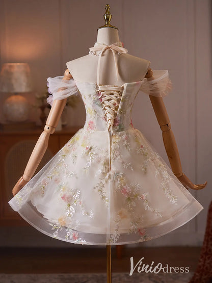 Ivory Floral Appliqué Off Shoulder Homecoming Dress with 3D Flowers & Choker Neck - BJ114-Homecoming Dresses 2026-Viniodress-Ivory-US 0-