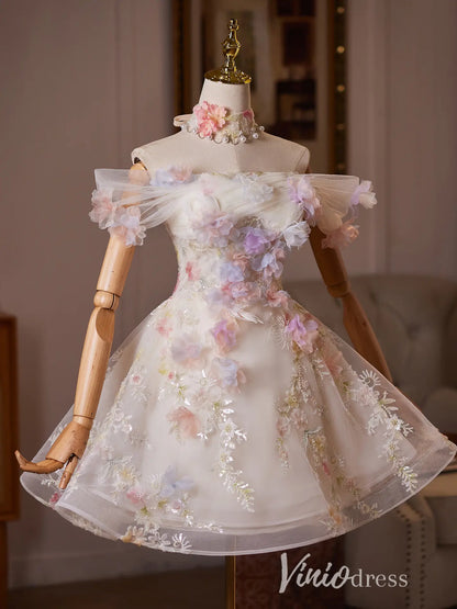Ivory Floral Appliqué Off Shoulder Homecoming Dress with 3D Flowers & Choker Neck - BJ114-Homecoming Dresses 2026-Viniodress-Ivory-US 0-