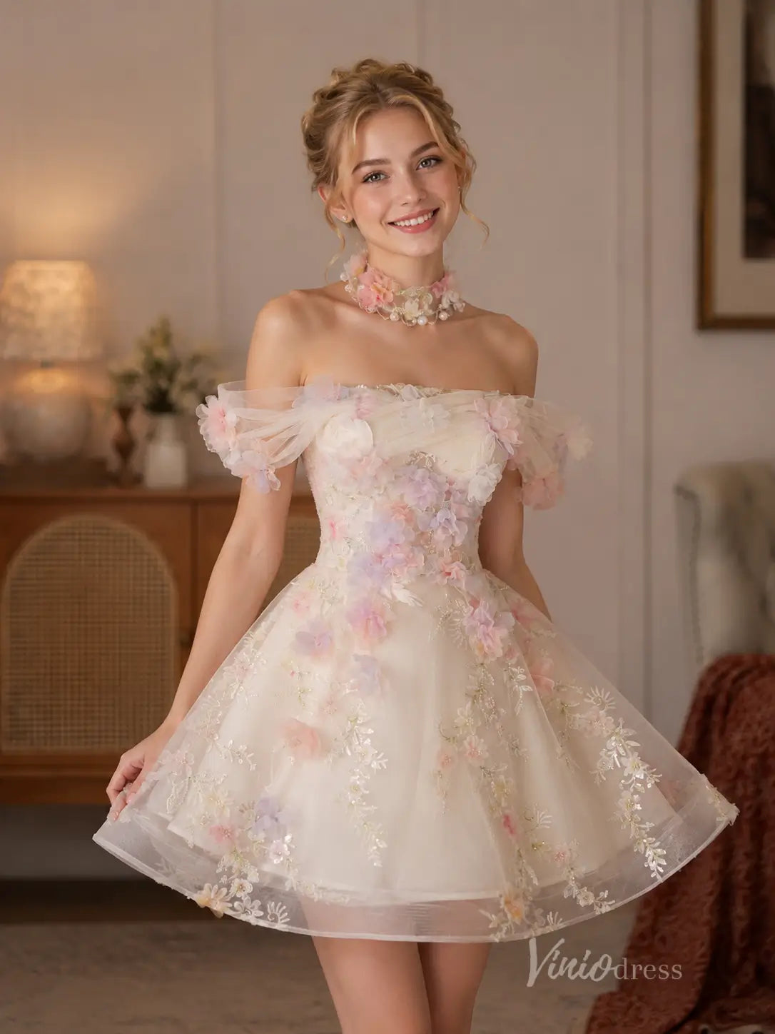 Champagne Floral Appliqué Off Shoulder Homecoming Dress with 3D Flowers & Choker Neck - BJ114-Homecoming Dresses 2026-Viniodress-Champagne-US 0-
