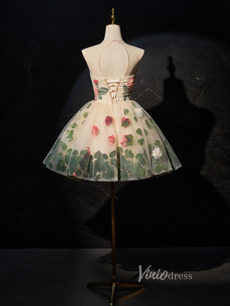 Champagne Floral Blossom Homecoming Dresses Short Rosette Dress BJ016-prom dresses 2025 -Viniodress-Champagne-Custom Size-