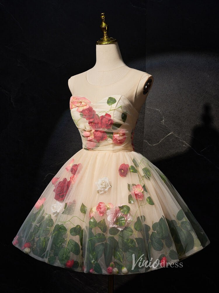 Champagne Floral Blossom Homecoming Dresses Short Rosette Dress BJ016-prom dresses 2025 -Viniodress-Champagne-Custom Size-