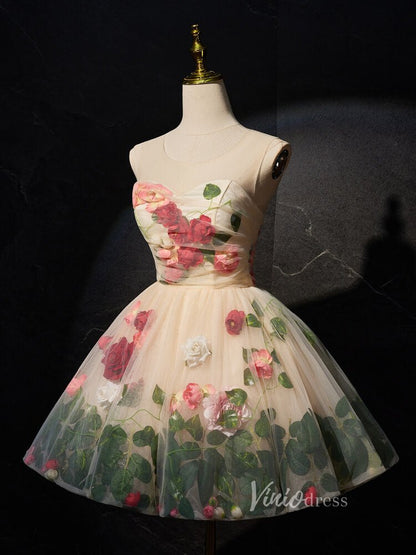 Champagne Floral Blossom Homecoming Dresses Short Rosette Dress BJ016-prom dresses 2025 -Viniodress-Champagne-Custom Size-