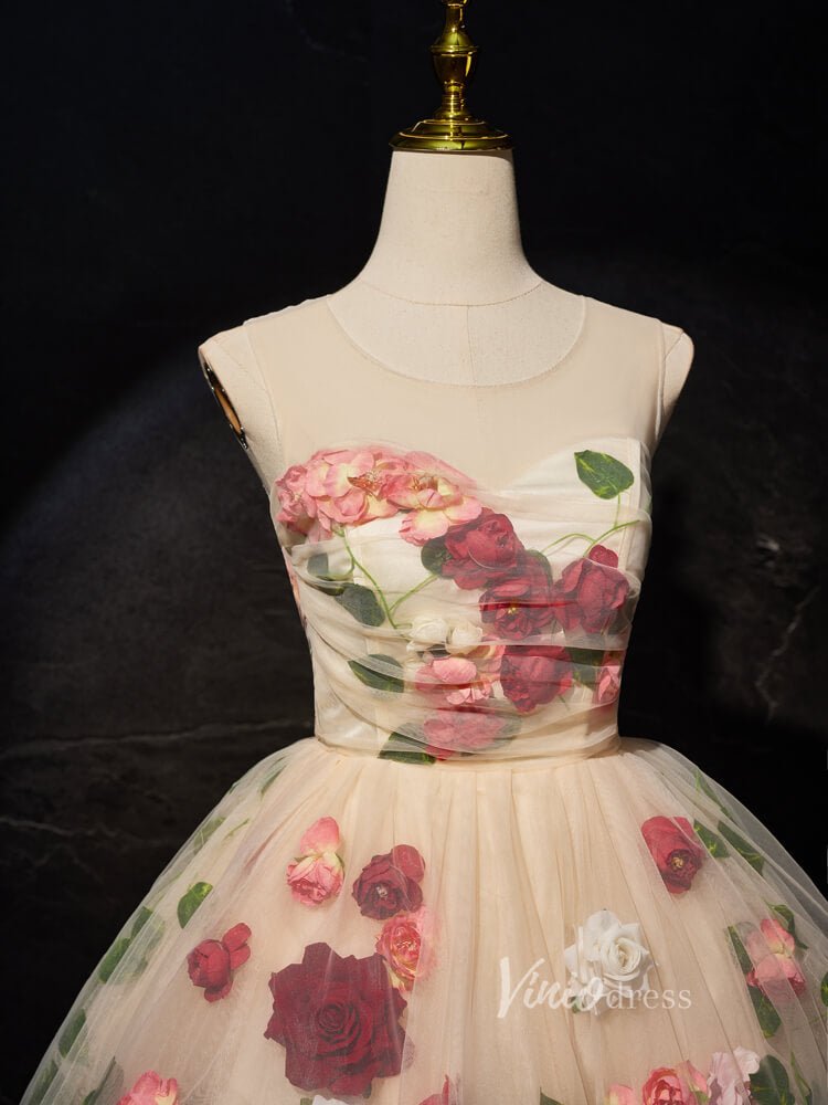 Champagne Floral Blossom Homecoming Dresses Short Rosette Dress BJ016-prom dresses 2025 -Viniodress-Champagne-Custom Size-